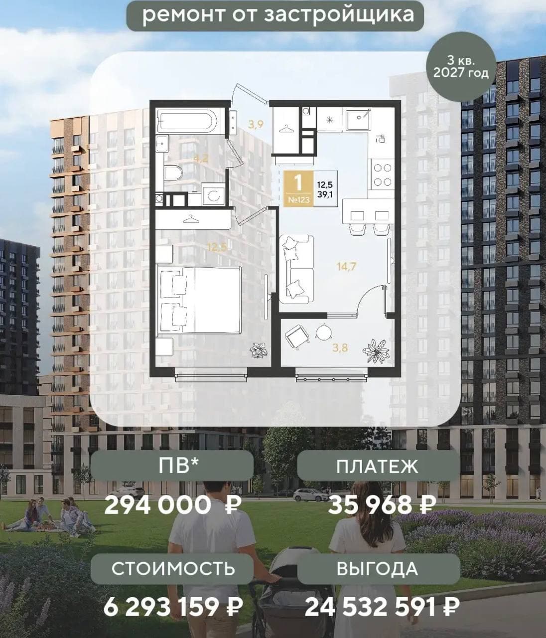 1-комнатная 39,1 м² с ремонтом, сдача 3 кв. 2027: 6 293 159 ₽, взнос 294 000 ₽, платёж 35 968 ₽