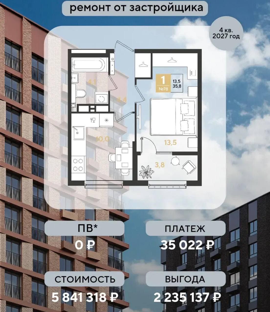 1-комнатная 35,8 м² с ремонтом, сдача 4 кв. 2027: 5 841 318 ₽, взнос 0 ₽, платёж 35 022 ₽