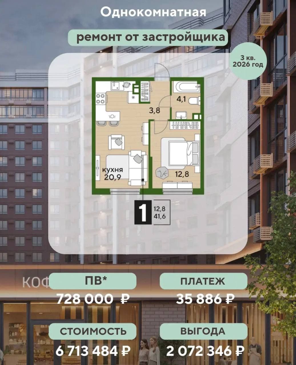 Однокомнатная: стоимость 6 713 484 ₽