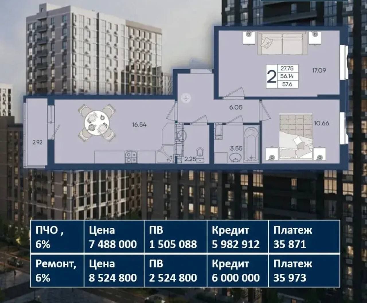 2-комнатная: платёж от 35 871 ₽