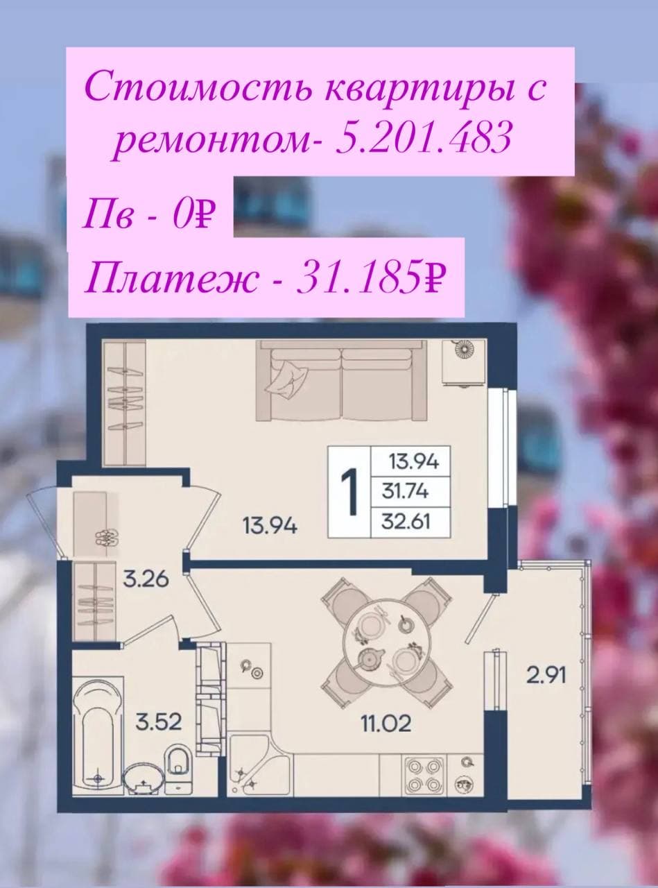 1-комнатная с ремонтом: 5 201 483 ₽
