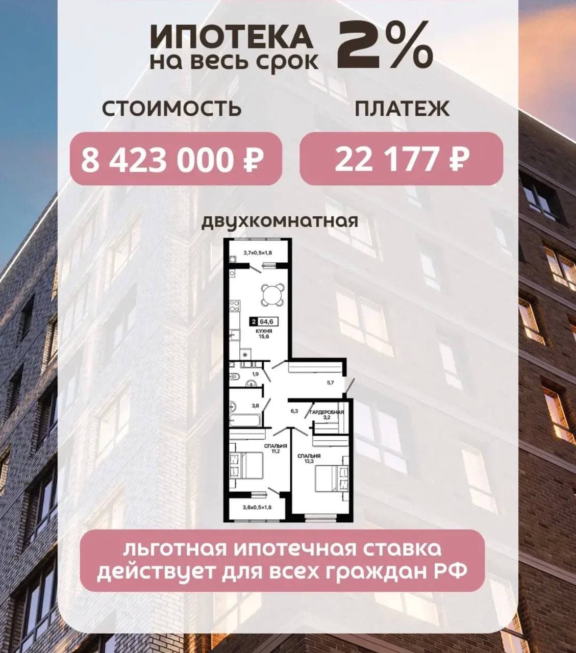 Двухкомнатная, стоимость 8 423 000 ₽