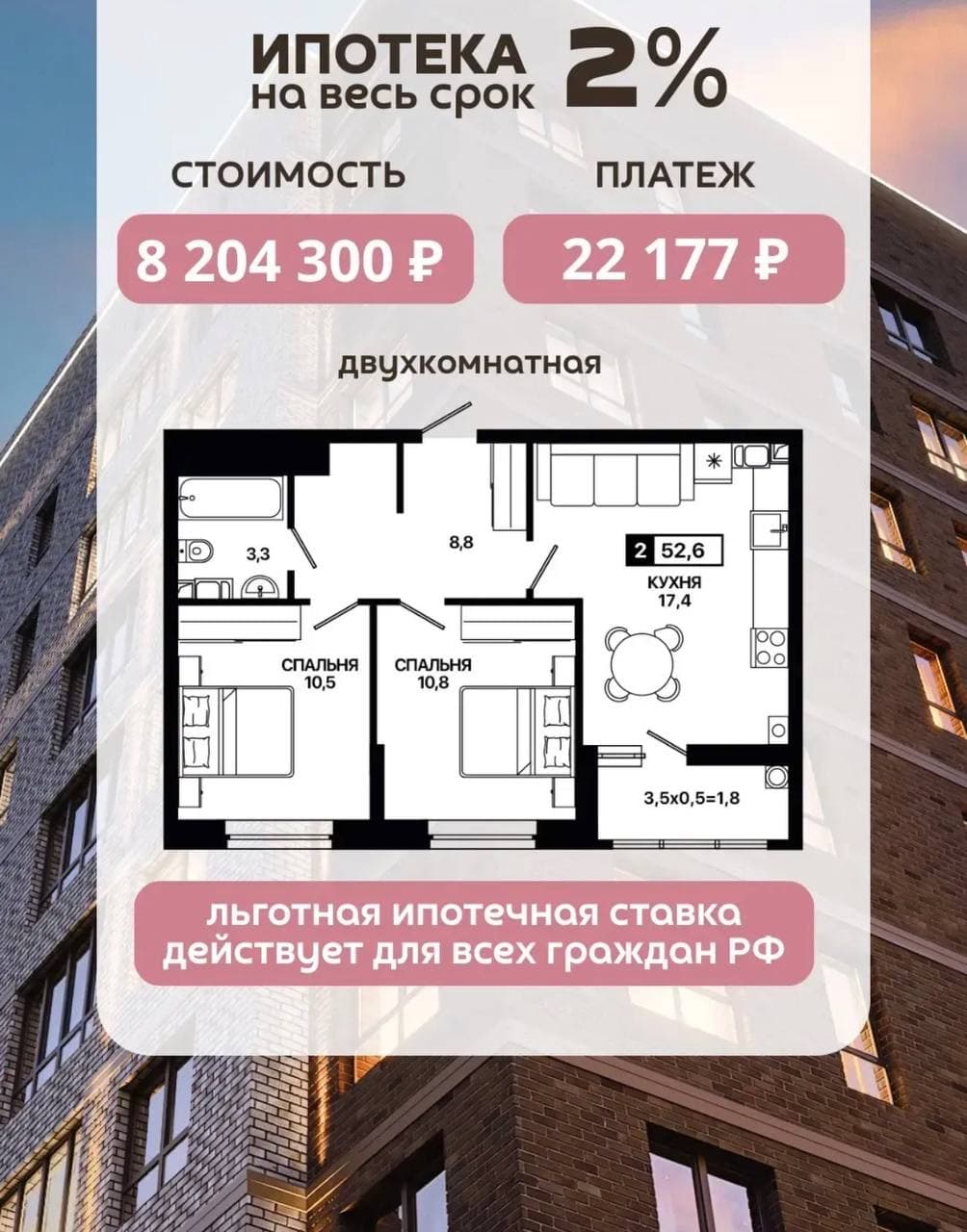 Двухкомнатная, стоимость 8 204 300 ₽