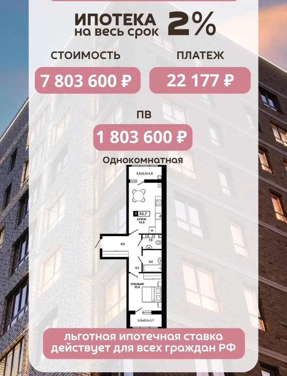 Однокомнатная, стоимость 7 803 600 ₽