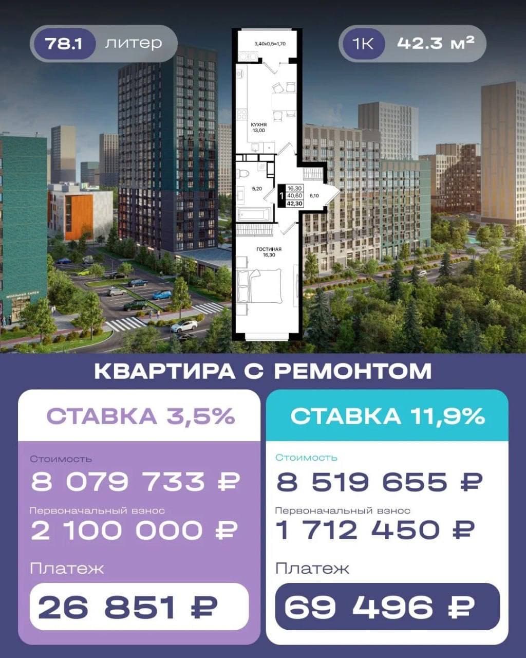 1-комнатная 42,3 м², квартира с ремонтом