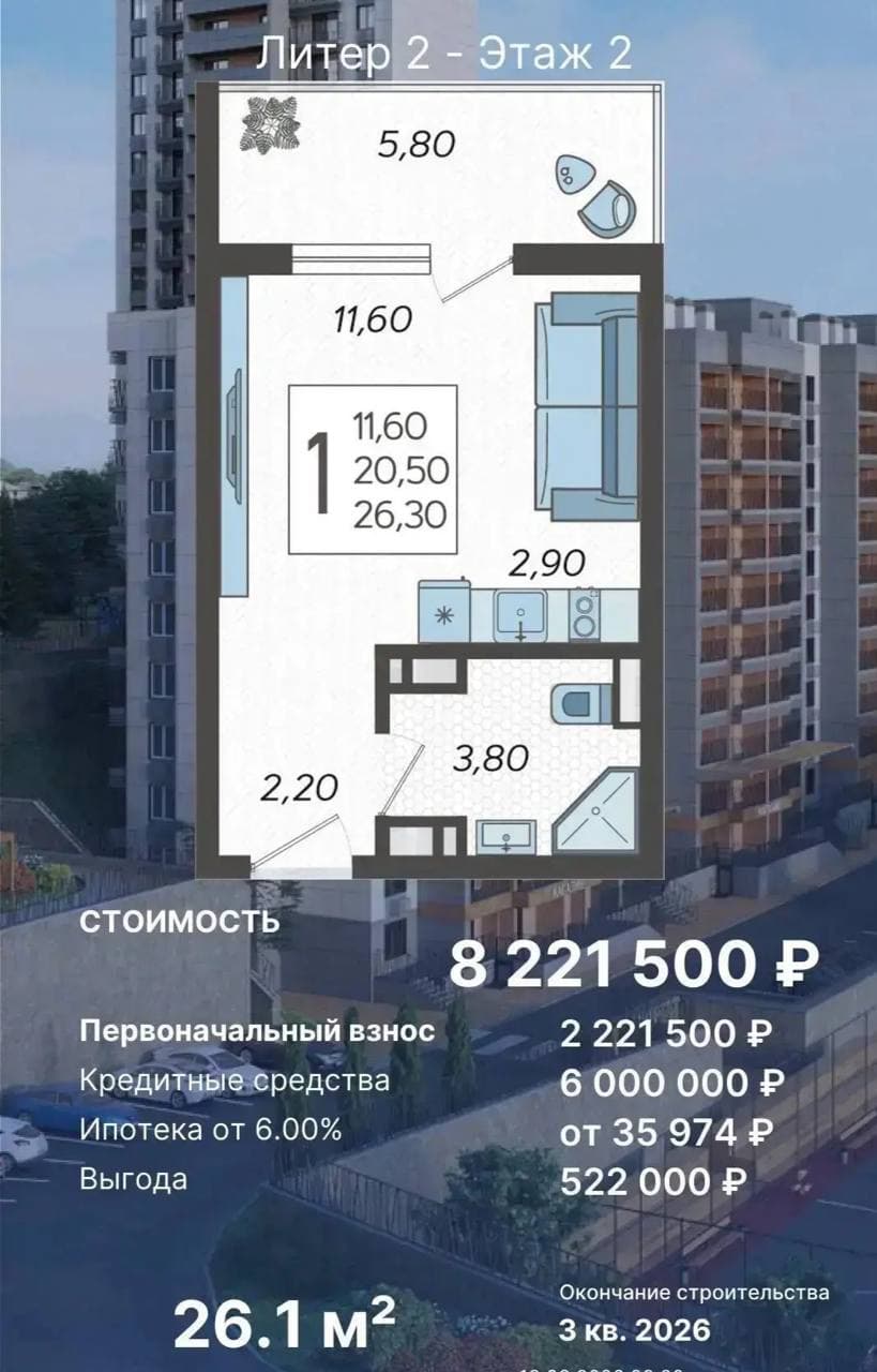 Студия 26,1 м², литер 2, этаж 2